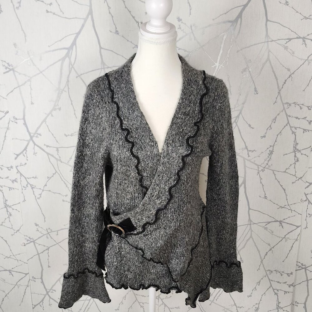 Nado Gray 25% Wool Knit Faux Wrap Ruffle Edge Sweater